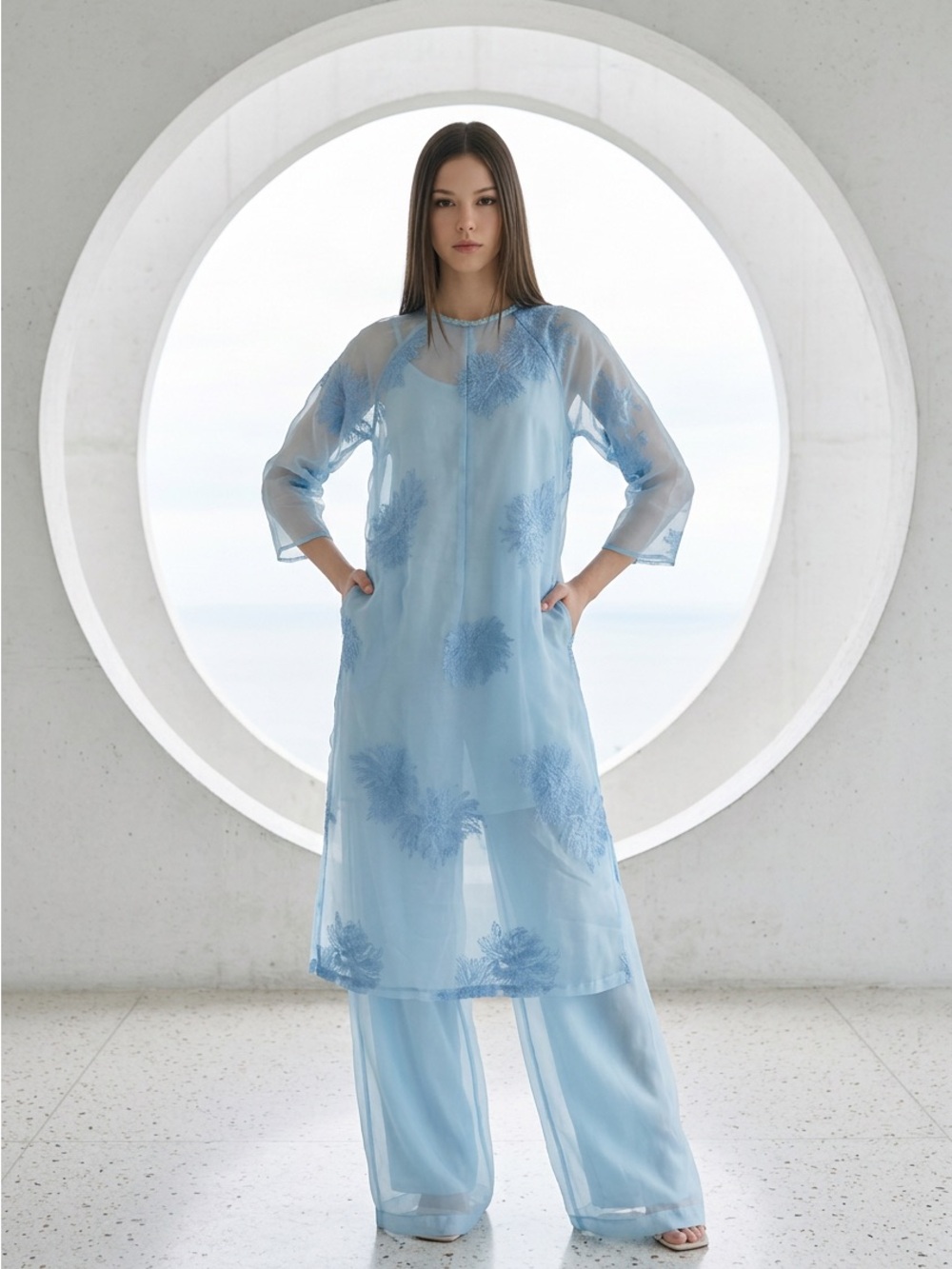 Light Blue Sheer Embroidered Tunic Dress
